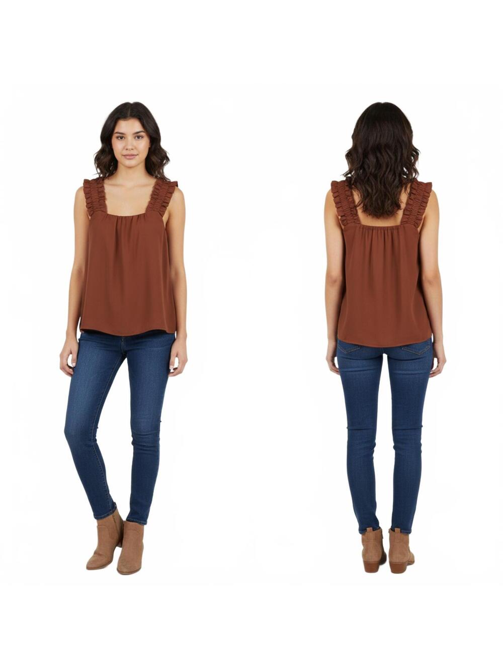 Melrose and Market Ruffle Strap Tank Top Sleeveless Blouse Brown Size S